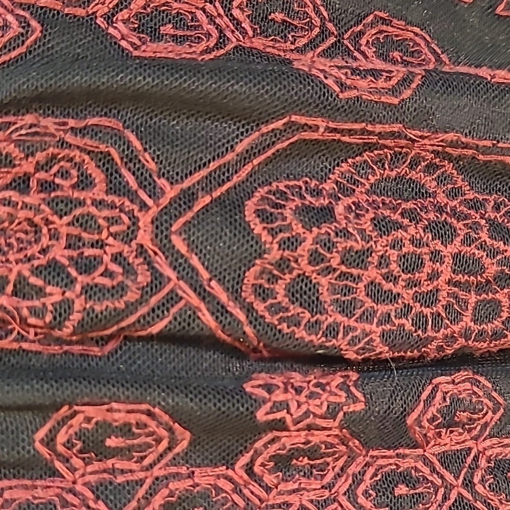 Embroidered Joe B skirt. Black underlay with a dark red sheer overlay. - Picture 4 of 5